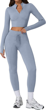 QINSEN Workout Sets for Women 2 Piece Seamless Long Sleeve Crop Tops Ribbed High Waist Leggings