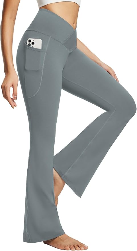 baleaf Women's V Crossover Flare Leggings with Pockets Yoga Pants High Waist Casual Workout Gym Bell Bottom Leggings