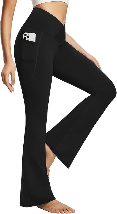 baleaf Women's V Crossover Flare Leggings with Pockets Yoga Pants High Waist Casual Workout Gym Bell Bottom Leggings