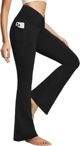 baleaf Women's V Crossover Flare Leggings with Pockets Yoga Pants High Waist Casual Workout Gym Bell Bottom Leggings