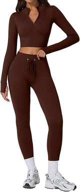QINSEN Workout Sets for Women 2 Piece Seamless Long Sleeve Crop Tops Ribbed High Waist Leggings