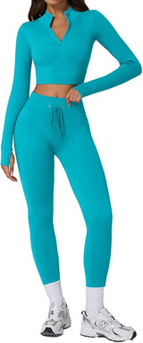 QINSEN Workout Sets for Women 2 Piece Seamless Long Sleeve Crop Tops Ribbed High Waist Leggings