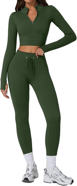 QINSEN Workout Sets for Women 2 Piece Seamless Long Sleeve Crop Tops Ribbed High Waist Leggings