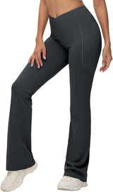 baleaf Women's V Crossover Flare Leggings with Pockets Yoga Pants High Waist Casual Workout Gym Bell Bottom Leggings