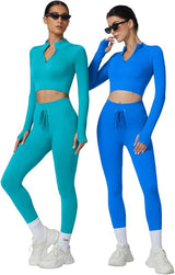 QINSEN Workout Sets for Women 2 Piece Seamless Long Sleeve Crop Tops Ribbed High Waist Leggings