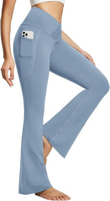 baleaf Women's V Crossover Flare Leggings with Pockets Yoga Pants High Waist Casual Workout Gym Bell Bottom Leggings