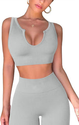 QINSEN Workout Outfits for Women 2 Piece Ribbed Seamless Crop Tank High Waist Yoga Leggings Sets