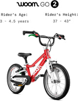 woom GO 2 Bicycle for Children 3 to 4.5 Years Old, 14-Inch Lightweight Bike with Handbrake, Steering Limiter & Chainguard for Boys & Girls - Red