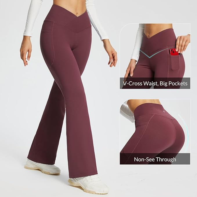 baleaf Women's V Crossover Flare Leggings with Pockets Yoga Pants High Waist Casual Workout Gym Bell Bottom Leggings