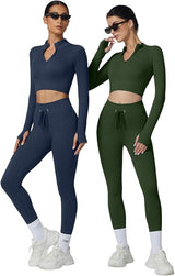 QINSEN Workout Sets for Women 2 Piece Seamless Long Sleeve Crop Tops Ribbed High Waist Leggings