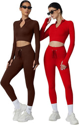 QINSEN Workout Sets for Women 2 Piece Seamless Long Sleeve Crop Tops Ribbed High Waist Leggings