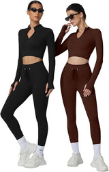 QINSEN Workout Sets for Women 2 Piece Seamless Long Sleeve Crop Tops Ribbed High Waist Leggings