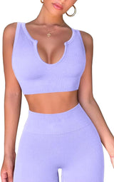 QINSEN Workout Outfits for Women 2 Piece Ribbed Seamless Crop Tank High Waist Yoga Leggings Sets