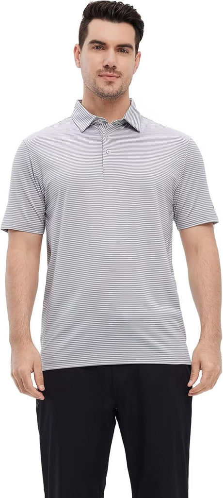 Mens Golf Shirt Moisture Wicking Dry Fit Performance Sport Short Sleeve Striped Golf Polo Shirts for Men