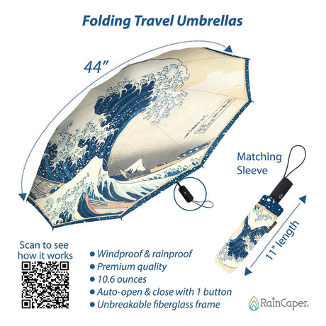Hokusai "The Great Wave" Travel Umbrella – Compact, One-Touch Open & Close