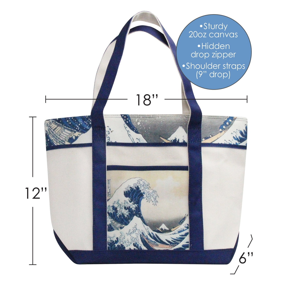 Hokusai the Great Wave Large Canvas Boat Tote – Zipper Top & Pockets