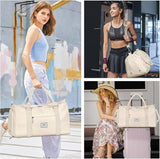 FIORETTO Womens Gym Tote Duffle Bag with Toiletry Bag, Sports Duffel Overnight Hospital Workout Carry on Bag for Girls with Wet Pocket & Shoe Compartment, Ideal for Travel, Swimming, Dance Beige