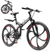 26 Inch Folding Mountain Bike, 21 Speed Full Suspension Bicycle with High-Carbon Steel, Dual Disc Brake Non-Slip Quick Release tire Folding Bicycle for Adults/Men/Women