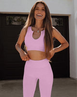 QINSEN Workout Outfits for Women 2 Piece Ribbed Seamless Crop Tank High Waist Yoga Leggings Sets