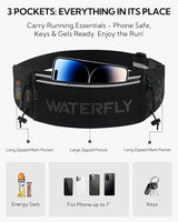 WATERFLY Running Belt Fanny Pack: Breathable 3 Pocket Waist Bag for Men Women Workout Exercise Fitness Phone Holder Fits ALL Phones - Runner Marathon Jogging Race Belt With Bib Clip Black