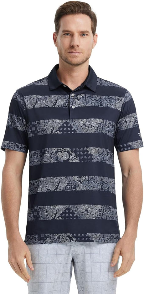 Men's Golf Polo Shirts Short Sleeve Striped Performance Moisture Wicking Dry Fit Golf Shirts for Men
