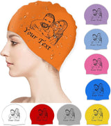 Custom Swim Cap with Photo Personalized Silicone Swim Cap for Men and Women Swimming Customized Swimmers Cap for Short and Medium Length Hair