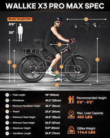 W Wallke 2025 X3 ProMax MAX Folding Dual Motor Electric Bike, 48V 44Ah/22Ah Long Range Adults Ebike, 26" Fat Tire All Terrian Full Suspension 31-34 MPH Fast E-Bike, 7-Speed Mountain e Bicycle, UL2849