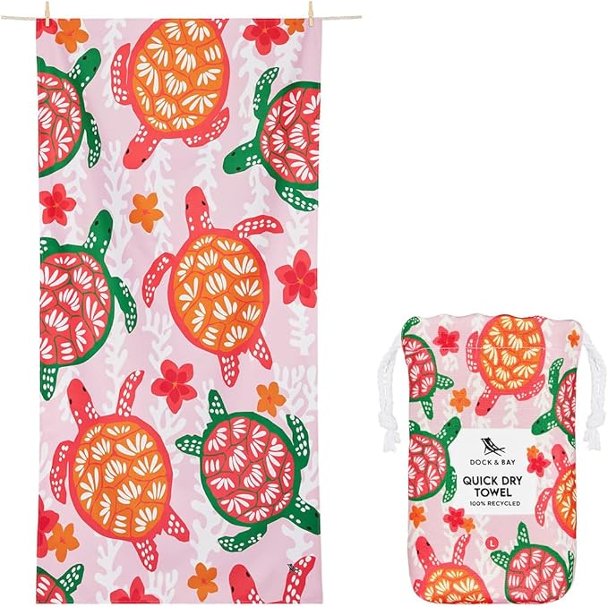Dock & Bay Beach Towel - Quick Dry, Sand Free - Compact, Lightweight - 100% Recycled - Includes Bag - Turtley Tropical - Large (160x90cm, 63x35)