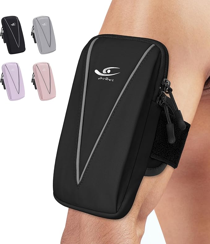 HiRui Cell Phone Holder Arm Bag & Wrist Bag for Phone, Sports Running Armband for Gym & Cycling, Compatible with iPhone 16/16Pro/Plus/15/14 Samsung Galaxy All Phones, Reflective & Adjustable (Black)