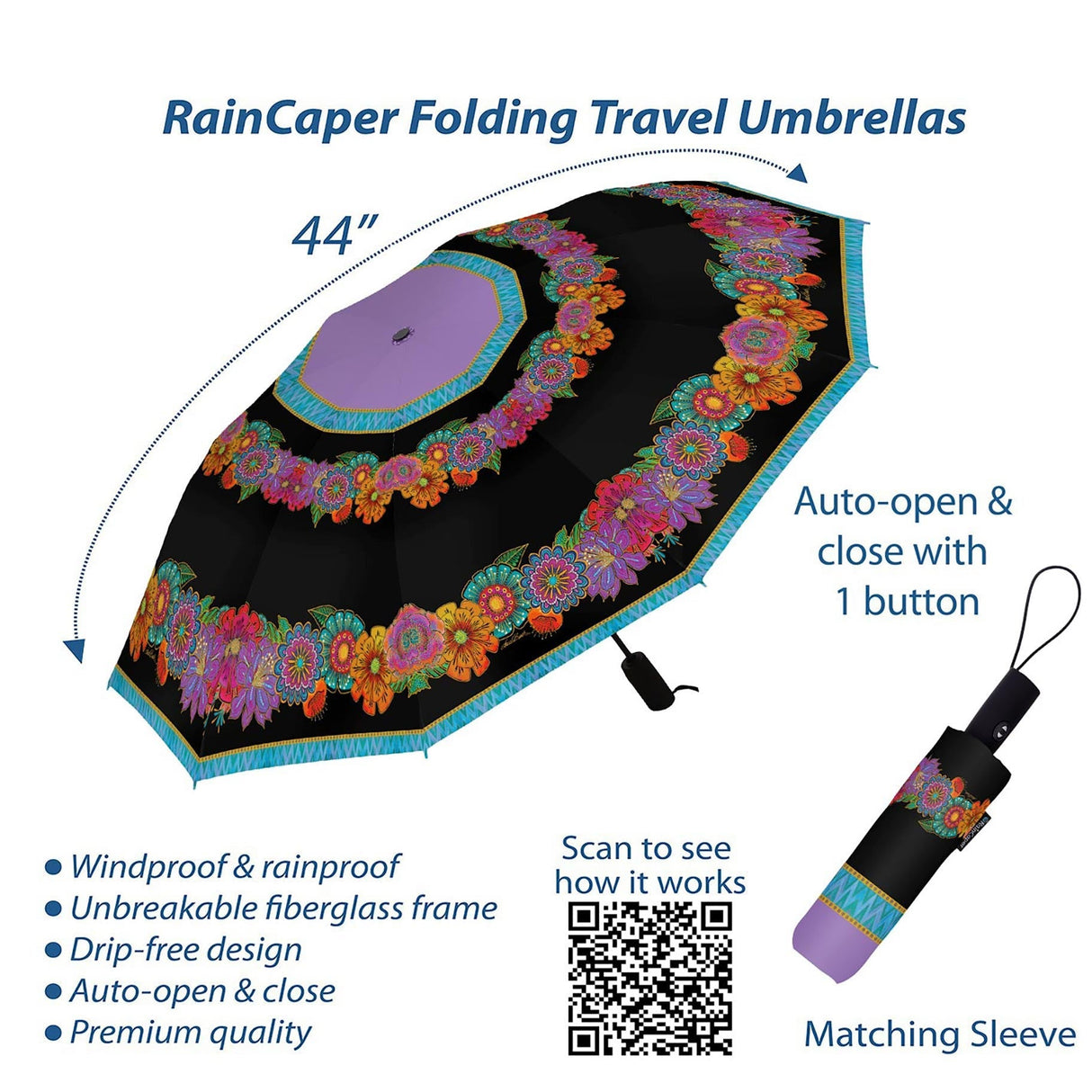 Laurel Burch "Blooms" Travel Umbrella – Compact, One-Touch Open & Close
