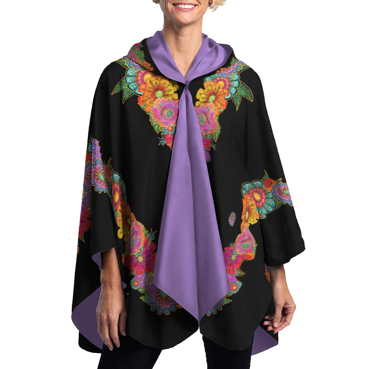 Laurel Burch Blooms Reversible Rain Cape Poncho – Lightweight Hooded Womens Wrap