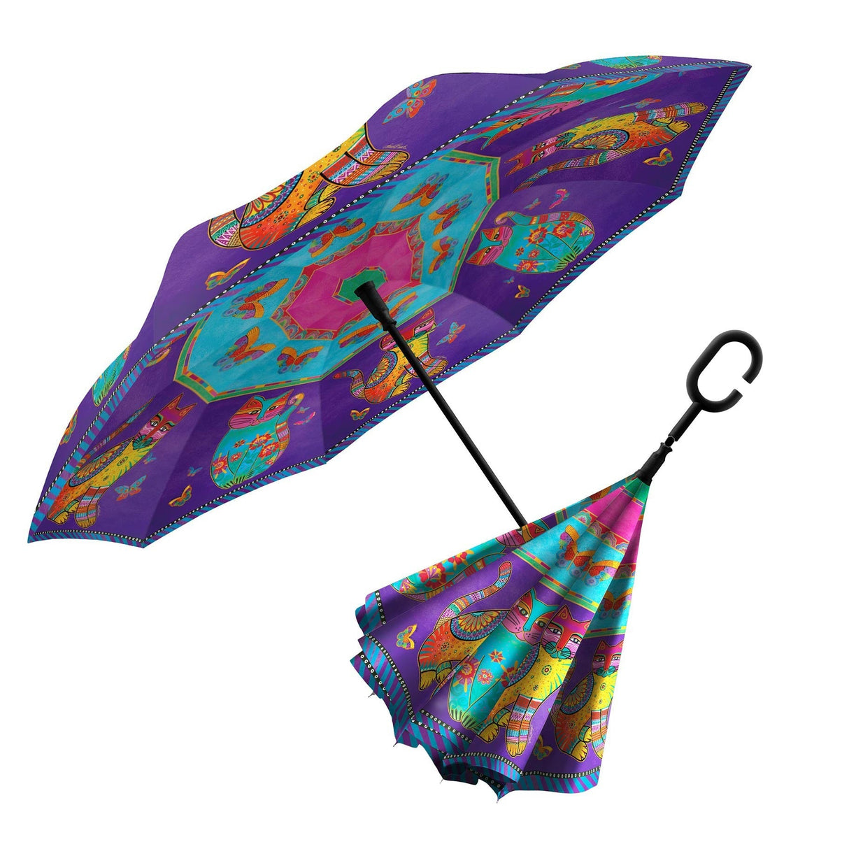 Laurel Burch Cats & Butterflies Reverse Inverted Umbrella – Windproof - Earlier Design