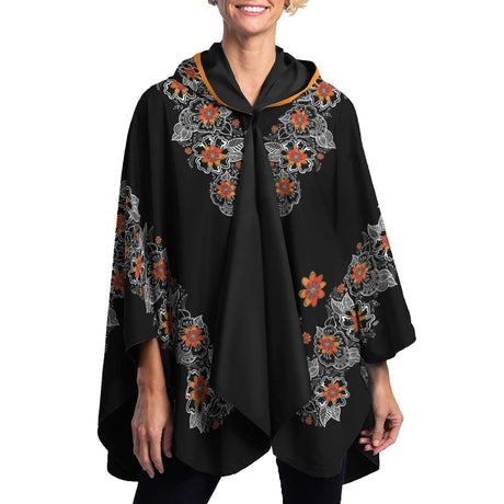 Laurel Burch Orange Blossoms Reversible Rain Cape Poncho – Lightweight Hooded Womens Wrap