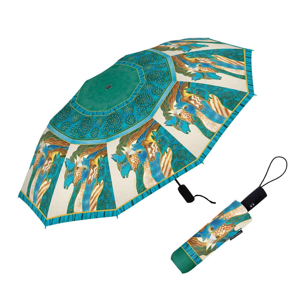 Laurel Burch "Sky Mares" Travel Umbrella – Compact, One-Touch Open & Close
