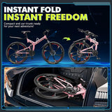 26 Inch Folding Mountain Bike, 21 Speed Full Suspension Bicycle with High-Carbon Steel, Dual Disc Brake Non-Slip Quick Release tire Folding Bicycle for Adults/Men/Women