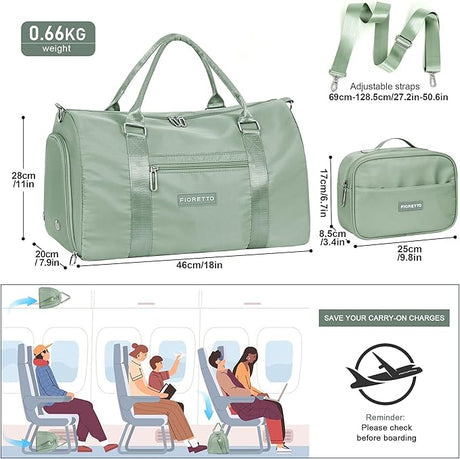 FIORETTO Womens Gym Tote Duffle Bag with Toiletry Bag, Sports Duffel Overnight Hospital Workout Carry on for Girls with Wet Pocket & Shoe Compartment, Ideal for Travel, Swimming, Celadon