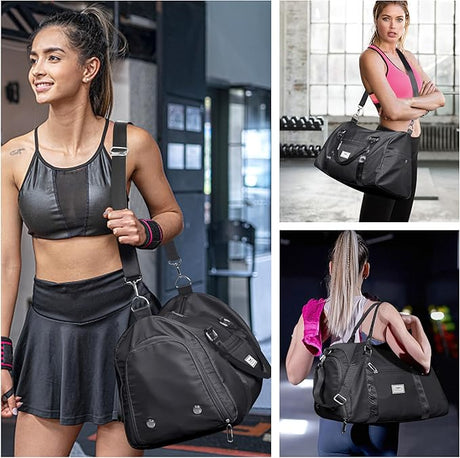 FIORETTO Womens Gym Tote Duffle Bag with Toiletry Bag, Sports Duffel Overnight Hospital Workout Carry on Bag for Girls with Wet Pocket & Shoe Compartment, Ideal for Travel, Swimming, Dance Black