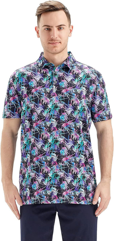 Men's Golf Polo Shirts Short Sleeve Striped Performance Moisture Wicking Dry Fit Golf Shirts for Men