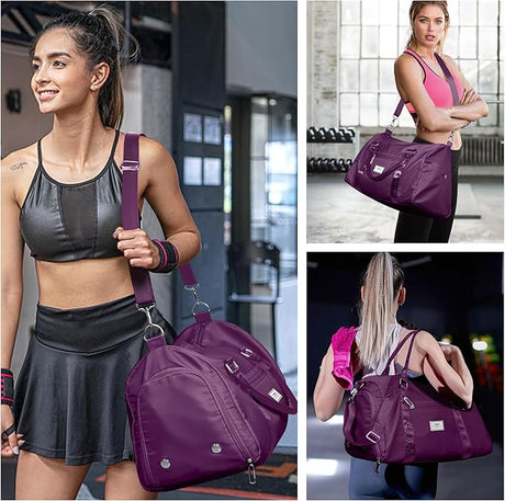FIORETTO Womens Gym Tote Duffle Bag with Toiletry Bag, Sports Duffel Overnight Hospital Workout Carry on Bag for Girls with Wet Pocket & Shoe Compartment, Ideal for Travel, Swimming, Dance Purple