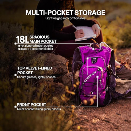 Everfun Hydration Backpack 18L with Water Bladder 2L/3L Hiking Water Backpack Women Men Hydration Pack Insulated Lightweight Day Hydropack with Storage for Hiking, Biking, Running, Festival