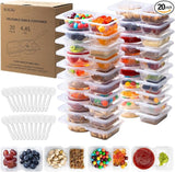 20 Sets Reusable Snack Containers with Lids & 20 Sporks – Double Compartment for Portion Control, BPA-Free Leak-Proof Dipping Containers for Meal Prep, Travel, and Outdoor Snacks (Clear)