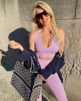 QINSEN Workout Outfits for Women 2 Piece Ribbed Seamless Crop Tank High Waist Yoga Leggings Sets