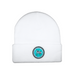 White Knit Beanie w/ Green & Teal Circle Logo