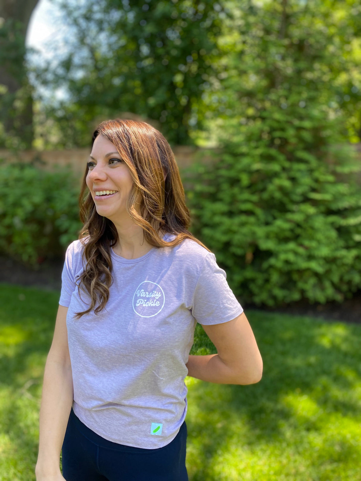 Varsity Pickle Women's Performance Tech Short Sleeve Shirt Circle Logo (Lilac)