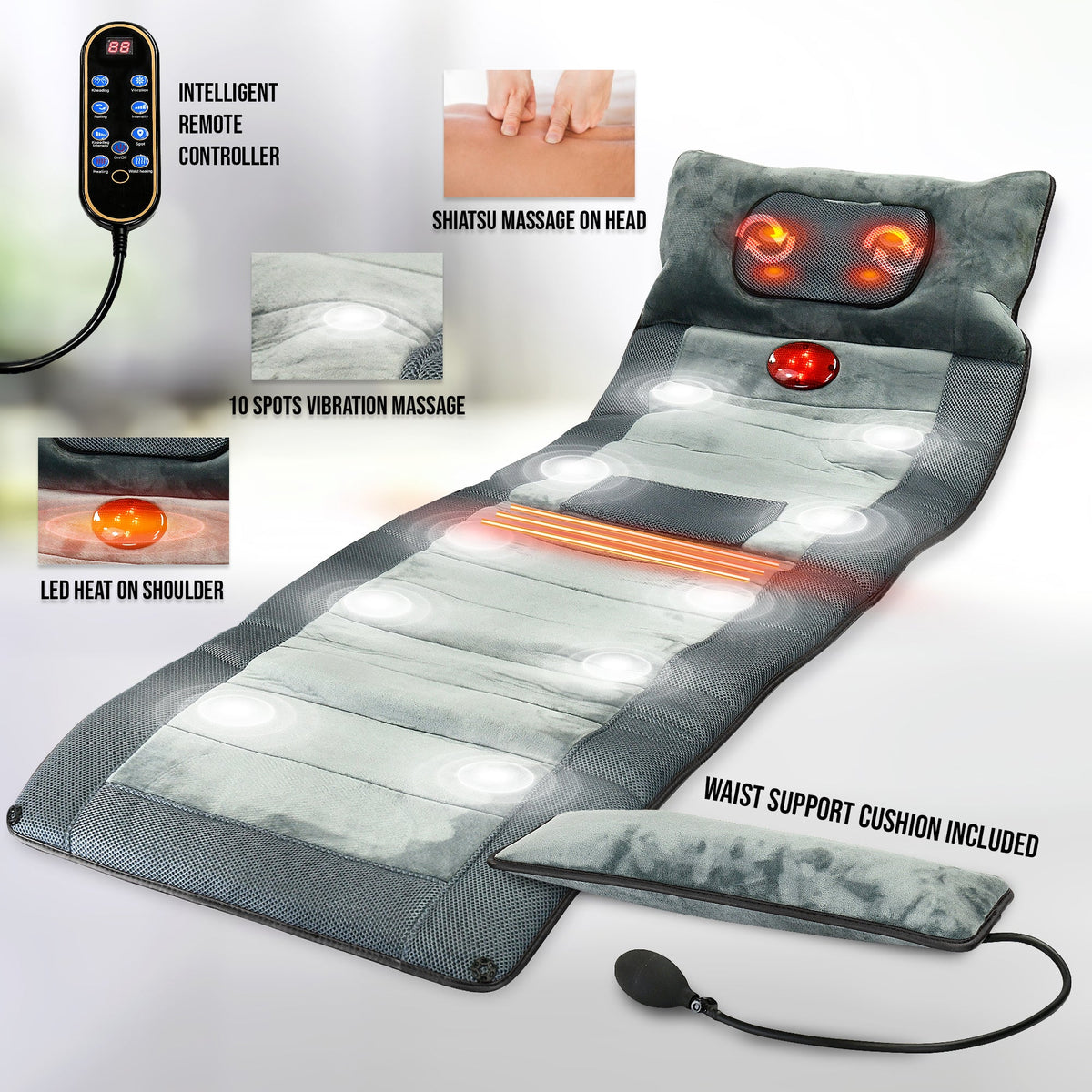 Carepeutic Luxury Comfort Full Body Massage Mat with Heat, 10 Vibrating Motors, Kneading Massage for Head, Deep Tissue Massage for Back, Neck and Legs Relaxation at Home or Office