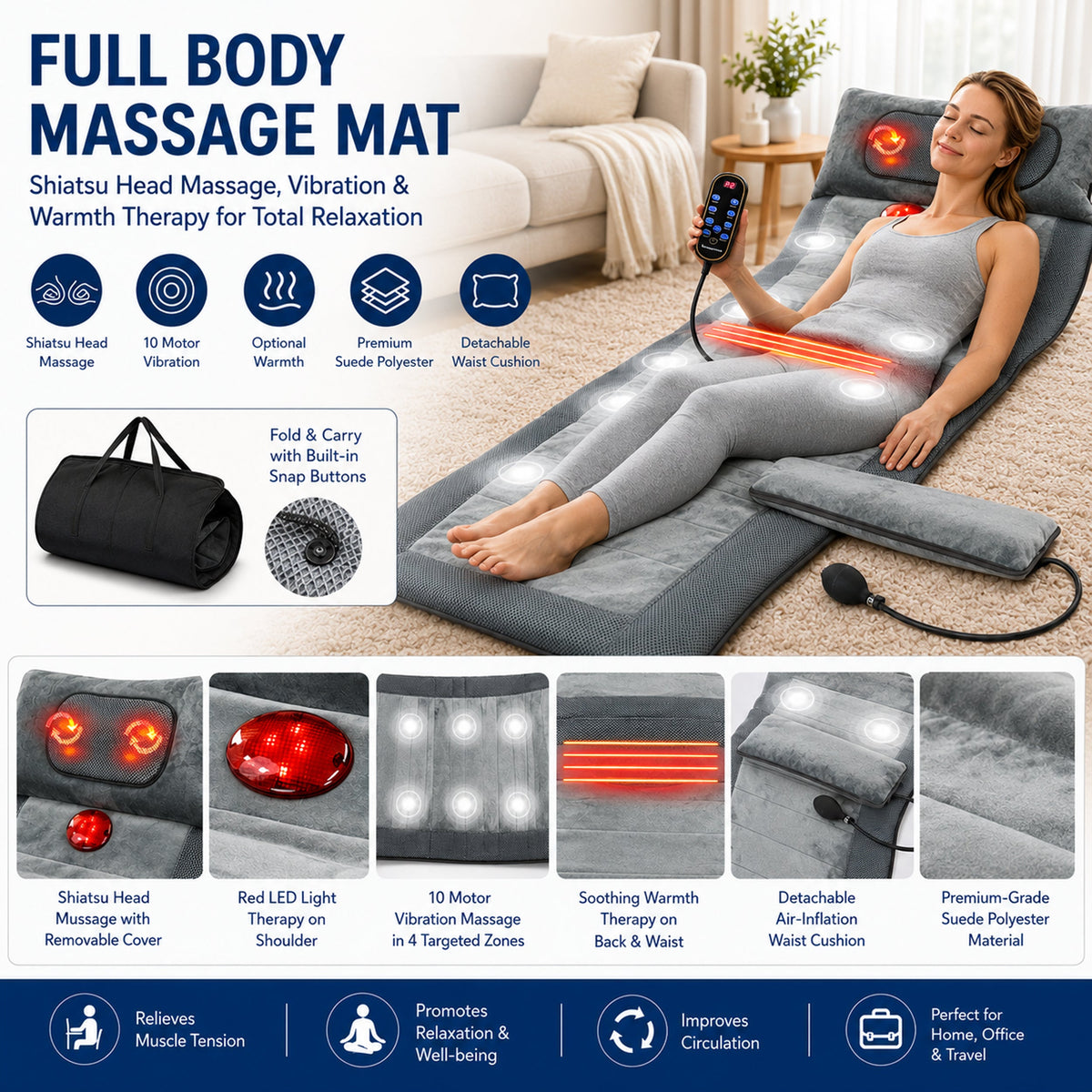 Carepeutic Luxury Comfort Full Body Massage Mat with Heat, 10 Vibrating Motors, Kneading Massage for Head, Deep Tissue Massage for Back, Neck and Legs Relaxation at Home or Office