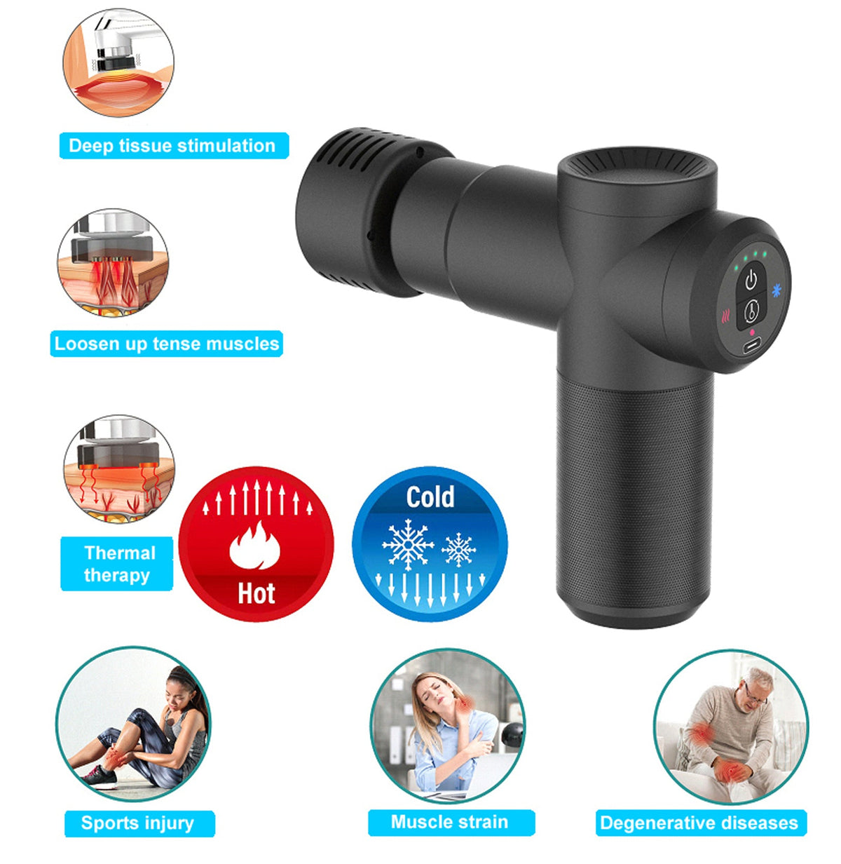Carepeutic Cordless Heat or Cold Massage Gun, Deep Tissue Back Massage for Athletes for Pain Relief, Percussion Massager with 4 Massages Heads