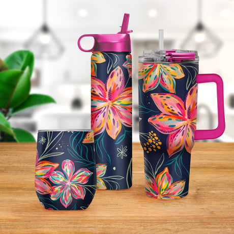 EttaVee "Bold Flowers" Insulated Drinkware Set of 3, 1 per size