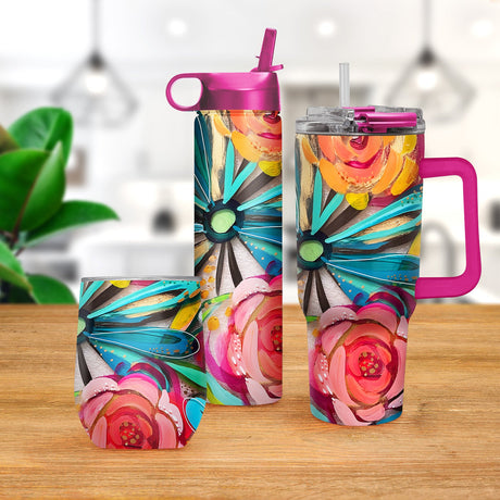 EttaVee "Flowers On Glass" Insulated Drinkware Set of 3, 1 per size