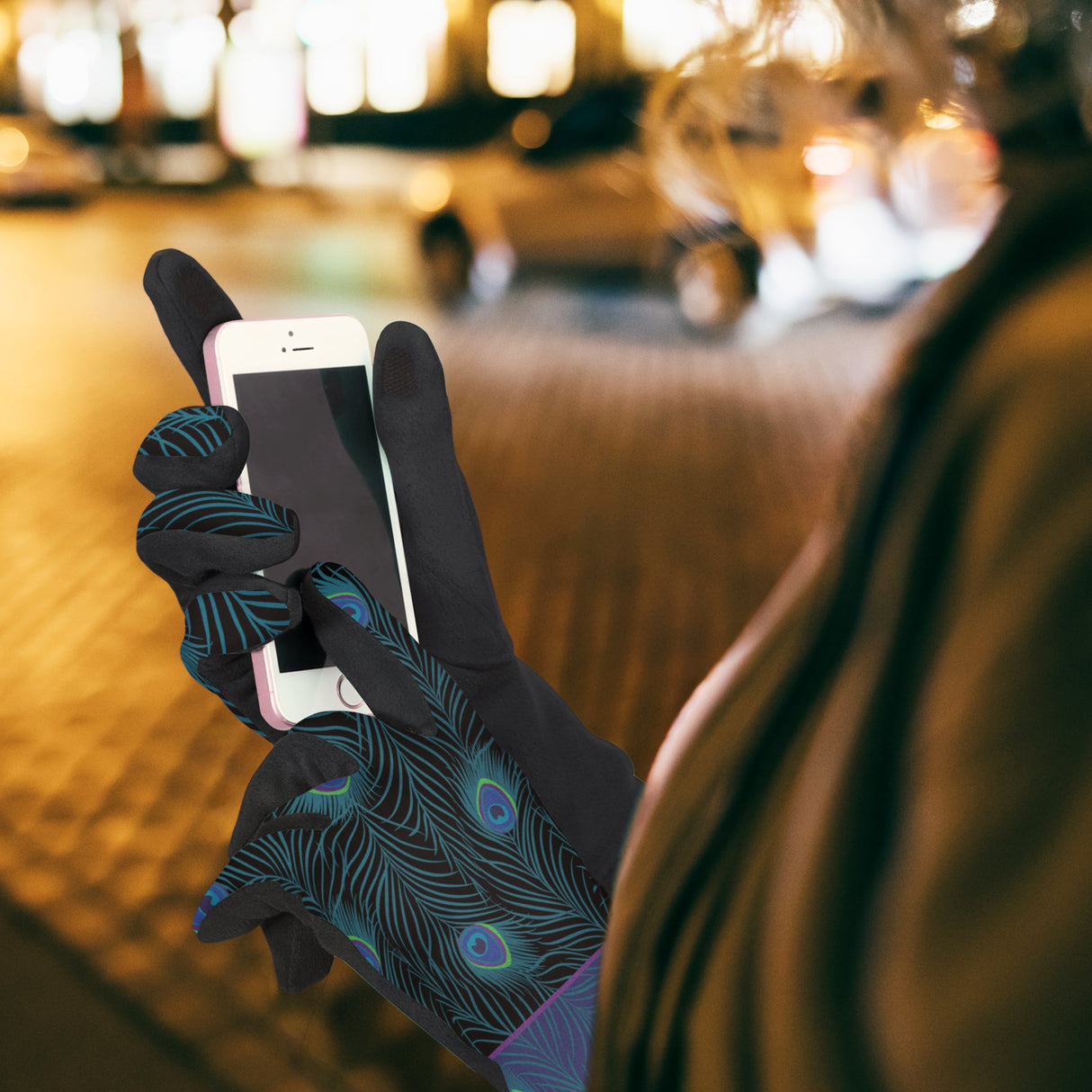 Blue Peacock on Black Womens Touch Screen Gloves - One Size Fits All